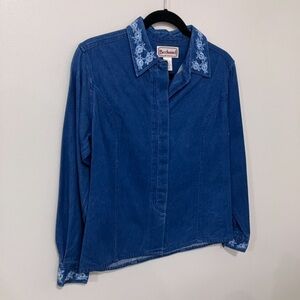 Vintage Blue Denim Shirt with Floral Embroidery